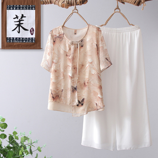 套裝 中老年女裝 2025新款 短袖 國風(fēng)上衣服兩件套 洋氣雪紡衫 媽媽夏裝