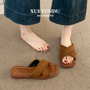新款 2025夏季 復(fù)古羅馬 女外穿休閑涼鞋 品牌一字拖編織度假平底拖鞋