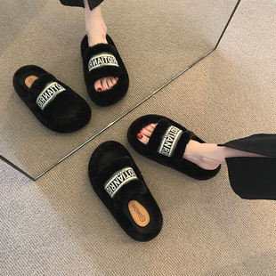 外穿2024新款 女冬季 刺繡高級(jí)感網(wǎng)紅厚底毛絨棉拖春秋 毛毛拖鞋 爆款