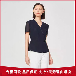 簡約黑色氣質V領短袖 時尚 襯衫 上衣 25夏季 ND04917W0女裝 商場同款