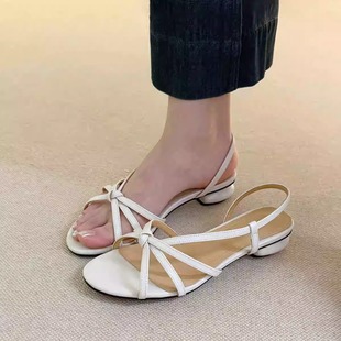 粗跟仙女風度假沙灘羅馬 女夏時尚 品牌法式 細帶編織低跟一字帶涼鞋