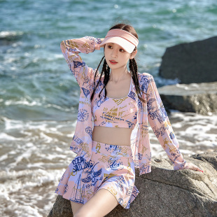 防曬顯瘦保守高級感海邊度假泳裝 大碼 夏泳衣女胖mm分體三件套罩衫