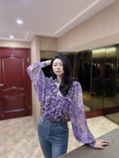 花邊氣質雪紡衫 2024春裝 高級感法式 性感V領寬松小衫 女 小眾設計款