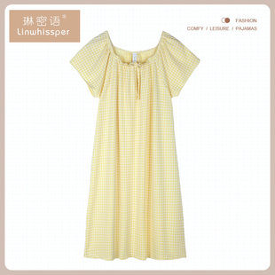 甜美公主風家居服大碼 短袖 可外穿連衣裙 薄款 錦棉華夫格睡裙女夏季