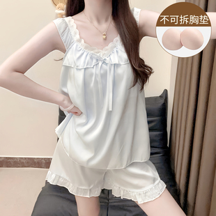 帶胸墊可外穿網(wǎng)紅家居服套裝 冰絲睡衣女夏季 吊帶蕾絲花邊2025新款
