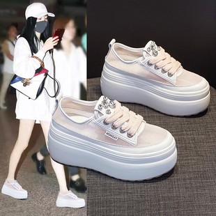 透氣輕便網面厚底小白鞋 松糕網鞋 內增高8cm薄款 新款 女 女2025夏季