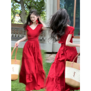 2025新款 夏季 夏日御姐獨(dú)特絕美掐腰長裙 氣質(zhì)紅色連衣裙子女裝 法式