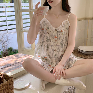 花邊寬松休閑家居服套裝 睡衣女夏季 卡通甜美可愛開衫 吊帶短褲 新款
