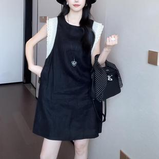 短裙夏 氣質襯衫 小個子歐貨新款 亞麻連衣裙女高級感蕾絲拼接中長款