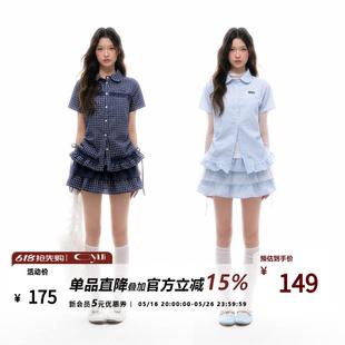 女 格襯衫 CyNi 復古格紋娃娃領下擺花邊上衣學院風拼接抽褶短袖