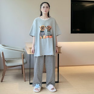 套裝 2025新款 長褲 睡衣女短袖 可愛條紋小狗印花可外穿家居服胖 大碼