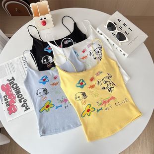 帶胸墊內搭無袖 泰式 辣妹 甜辣卡通印花小吊帶背心女春季 胖東來美式