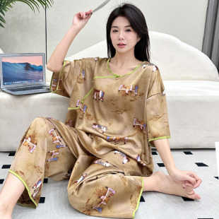 胖mm夏天冰絲短袖 夏季 睡衣女大碼 國風(fēng)中式 家居服200斤胖妹妹 薄款
