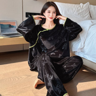 家居服200斤加大碼 女胖mm秋冬薄絨金絲絨新中式 國風(fēng)睡衣大碼 中式