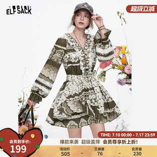 度假風(fēng)氣質(zhì)裙子 連衣裙女2025春新款 妖精 口袋宮廷風(fēng)復(fù)古印花長(zhǎng)袖