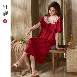 長裙睡衣涼感家居服大碼 大紅睡裙女夏季 半袖 莫代爾短袖 公主裙 薄款