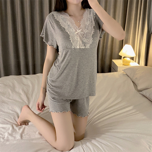 短袖 夏季 蕾絲花邊純欲風帶胸墊可外穿家居服 薄款 莫代爾睡衣女套裝