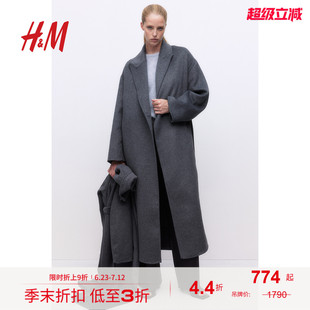 翻駁領羊毛混紡長款 修身 大衣1252419 毛呢外套冬季 HM女裝