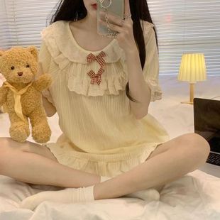 日系夏季 少女甜美蕾絲花邊ins睡衣女蝴蝶結荷葉邊外穿家居服套裝