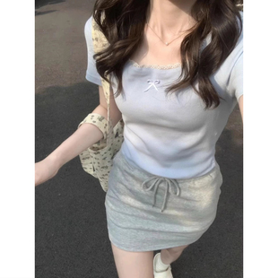 純欲辣妹bm風蕾絲花邊短袖 小個子藍色蝴蝶結正肩上衣服 t恤女夏季
