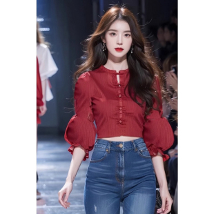 紅色圓領燈籠袖 短款 襯衫 衣服2024新款 女裝 氣質小衫 中式 中國風 夏季
