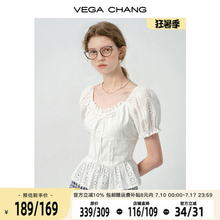 夏季 女2025新款 法式 氣質鏤空泡泡袖 VEGA 收腰荷葉邊小衫 CHANG襯衫