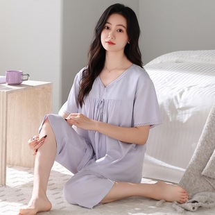 七分褲 2025年夏季 花邊短袖 睡衣女帶胸墊莫代爾薄款 媽媽家居服 新款