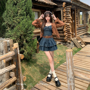 甜辣風(fēng)短裙出游套裝 廢土牛仔吊帶連衣裙女夏季 西西里女孩 織物豬