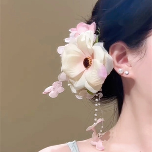 YFEIFEIE超仙粉色牡丹花發夾女夏季 海邊度假風側邊夾子頭飾發飾潮