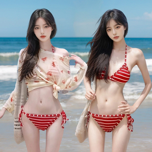 純欲高級感海邊度假泳裝 2025新款 泳衣女紅條紋分體性感比基尼罩衫