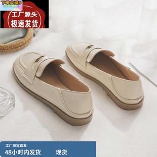 晚晚鞋 春秋單鞋 一腳蹬懶人豆豆鞋 法式 女平底 英倫風小皮鞋 羊皮版