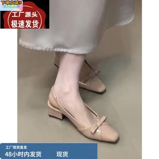 單鞋 羊皮版 女百搭氣質(zhì)瑪麗珍鞋 復(fù)古粗跟蝴蝶結(jié)包頭涼鞋 真皮法式