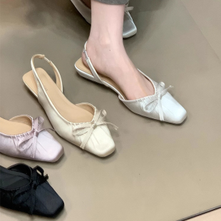 方頭蝴蝶結皺褶淺口單鞋 緞面坡跟后絆帶包頭涼鞋 女夏外穿2025新款