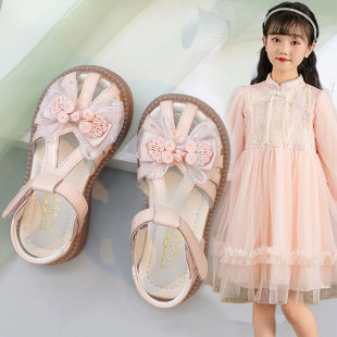 真皮中國風(fēng)新中式 軟底公主鞋 鞋 小女孩時(shí)尚 子2025夏季 女童包頭涼鞋