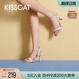 真皮高級仙女一字帶涼鞋 舒適羊皮簡約氣質(zhì)高跟鞋 女 新款 接吻貓夏季