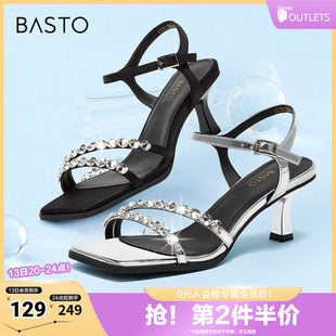 時髦閃鉆一字帶細(xì)跟女涼鞋 商場同款 A5298BL4 新款 百思圖春夏季