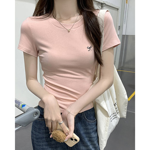 修身 新款 正肩甜辣學(xué)生圓領(lǐng)打底上衣 T恤女2025夏季 蝴蝶結(jié)刺繡短袖