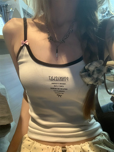 內搭外穿帶胸墊短上衣 甜辣風撞色蝴蝶結小吊帶背心女夏季 新款 修身