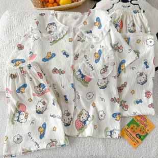 卡通凱蒂貓夏天家居服薄款 HelloKitty睡衣女三件套夏季 云朵棉短袖