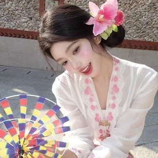 甜美氣質粉色百合花朵發夾高級感側邊劉海夾海邊度假拍照頭飾發卡
