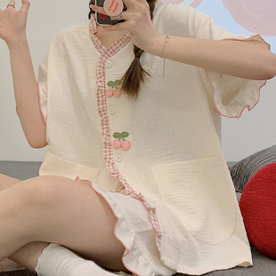 套裝 梭織睡衣女夏款 家居服學(xué)生少女可外穿春夏季 短褲 日系甜美短袖