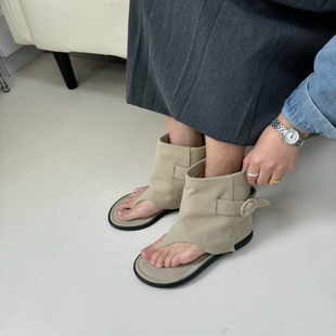 管靴百搭平底涼鞋 小池在首爾2025夏季 圓頭夾趾露趾褲 韓版 女 新款