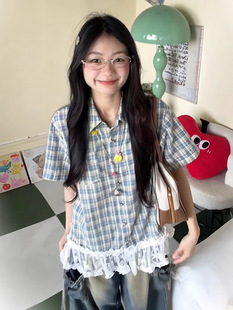 新款 美式 女夏季 襯衫 寬松學院風t恤 復古撞色格子拼接蕾絲花邊短袖