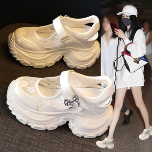 厚底淺口透氣網面瑪麗珍鞋 內增高包頭涼鞋 時尚 新款 女外穿2025夏季