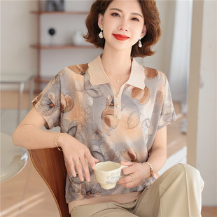 中老年女薄款 香港專柜洋氣媽媽夏裝 2025新款 冰絲小衫 翻領T恤 短袖
