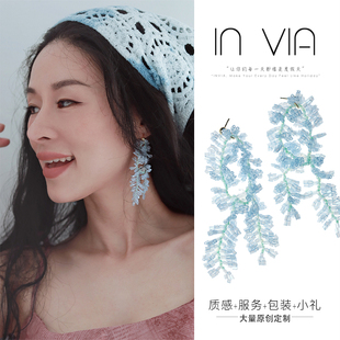 獨特絕美耳環藍色春天耳飾長款 流蘇度假風2025高級感夸張串珠耳飾