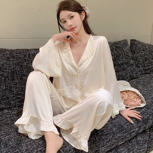 長袖 春秋夏款 甜美花邊宮廷風家居服 純欲風真絲睡衣女套裝 2024新款