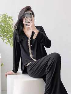 莫代爾睡衣女蕾絲花邊寬松大碼 家居服套裝 長(zhǎng)袖 秋冬季 開衫 2023新款