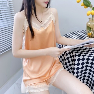 套裝 新款 真絲吊帶睡衣女蕾絲花邊短褲 薄款 絲綢家居服 黛安靚夏季