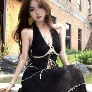 旅游度假穿搭氛圍感微透掛脖式 分體泳衣海邊沙灘度假長裙2535